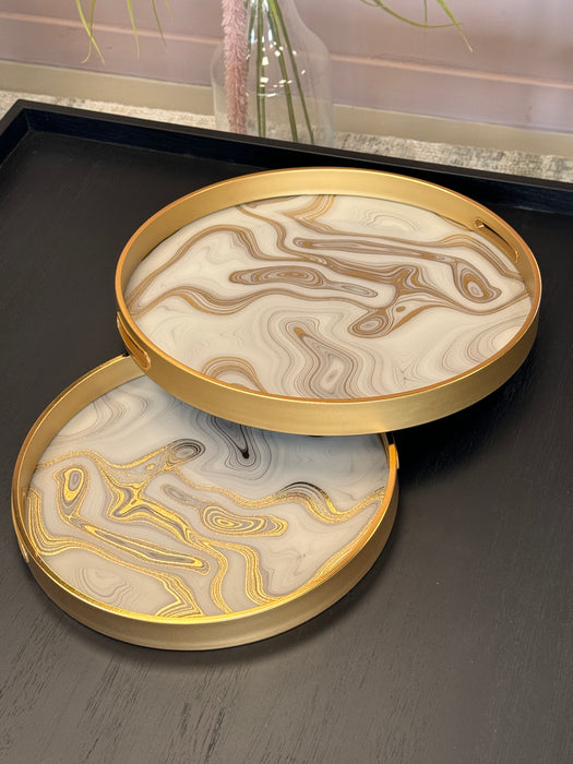 Gold Swirl Round Trays - Marble Effect with Gold Rim - Set of 2