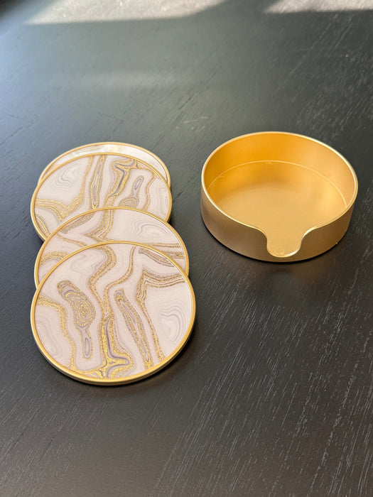 White & Gold Marble Effect Round Drinks Coasters & Holder