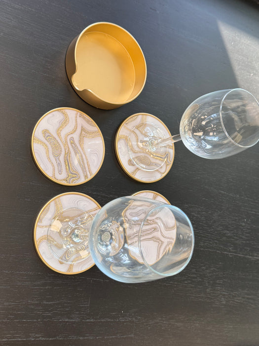 White & Gold Marble Effect Round Drinks Coasters & Holder