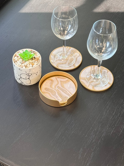 White & Gold Marble Effect Round Drinks Coasters & Holder