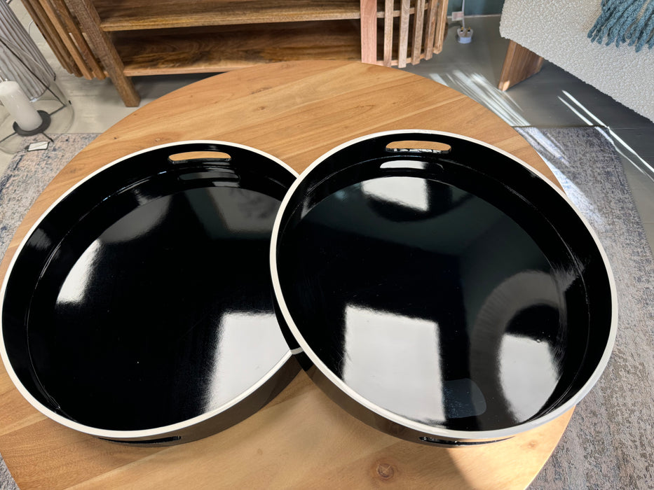 Luxury Black & White Gloss Round Wooden Trays - Set of 2