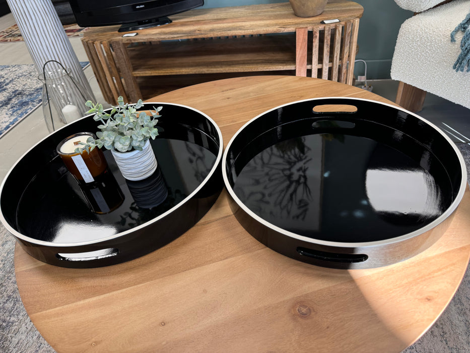 Luxury Black & White Gloss Round Wooden Trays - Set of 2