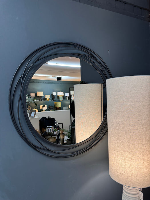 Modern Black Metal Swirl Round Wall Mirror with Sculptural Frame – 90cm (Due Back In 30/11/24)