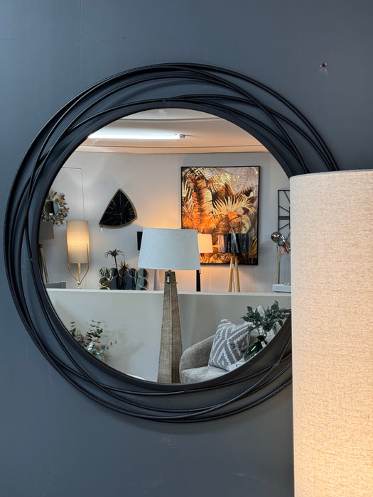 Modern Black Metal Swirl Round Wall Mirror with Sculptural Frame – 90cm (Due Back In 30/11/24)