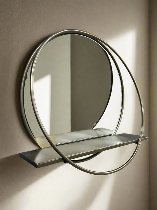 Contemporay Round Metal Wall Mirror, Shelf - Large