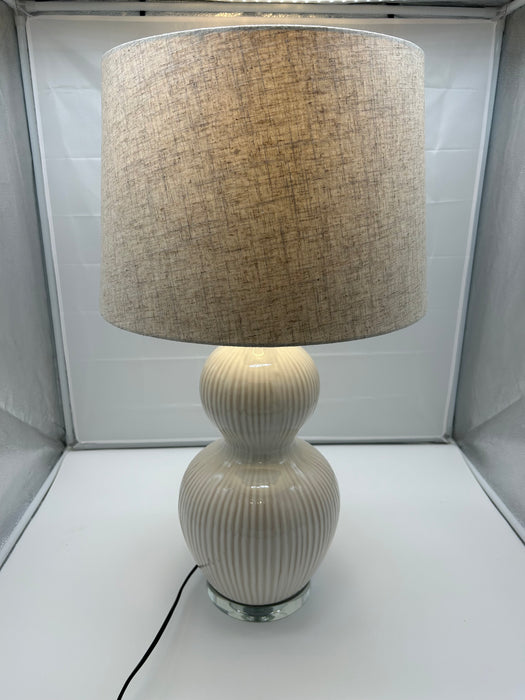 Ivory Ceramic Textured Bulbous Table Lamp, Beige Shade - 67 cm