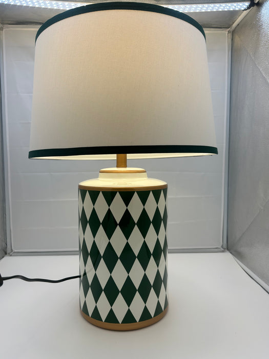 Emerald Green & Cream Harlequin Table Lamp with Piped Cream Shade (65 cm)