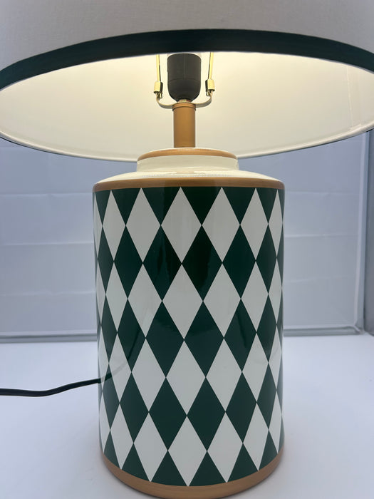 Emerald Green & Cream Harlequin Table Lamp with Piped Cream Shade (65 cm)