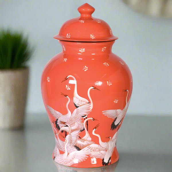 Imperial Coral Ceramic Ginger Jar, Bird Theme