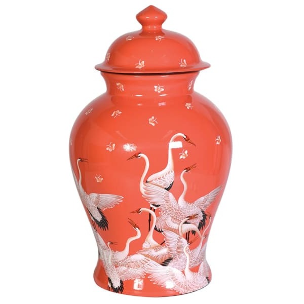 Imperial Coral Ceramic Ginger Jar, Bird Theme