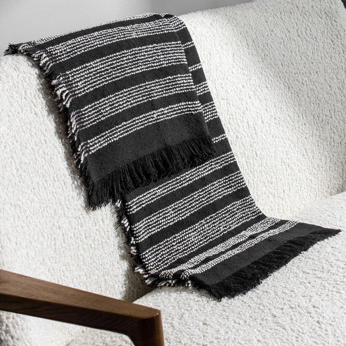 Jour Woven Fringed Throw, Stripe, Black, Noir