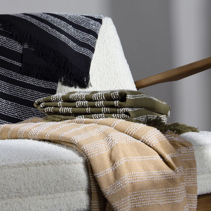 Jour Woven Fringed Throw, Stripe, White, Natural,Nougat