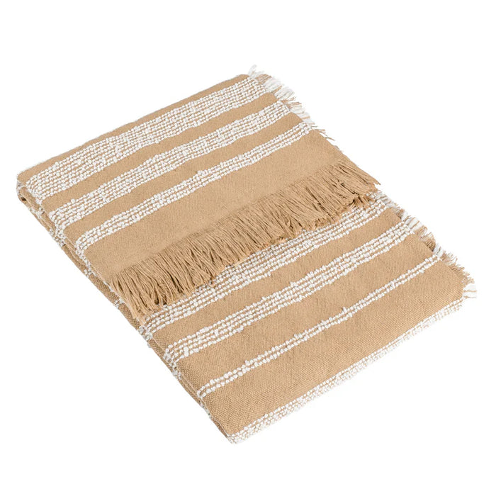 Jour Woven Fringed Throw, Stripe, White, Natural,Nougat