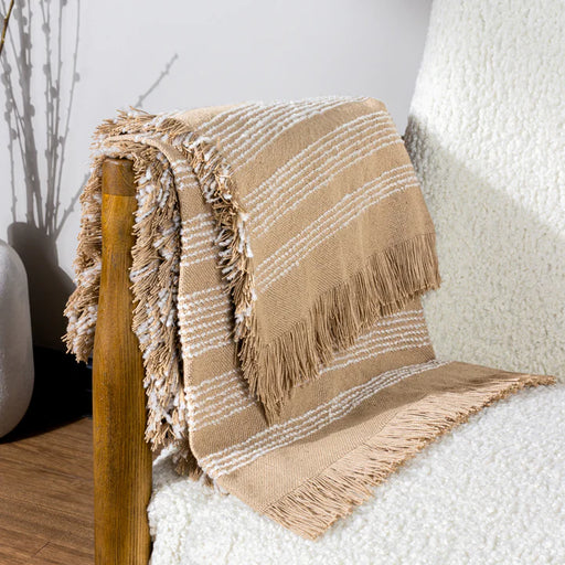 Jour Woven Fringed Throw, Stripe, White, Natural,Nougat