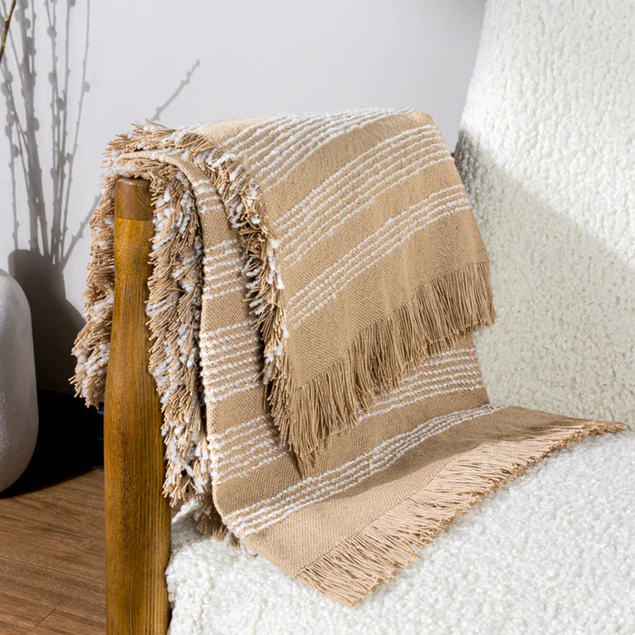 Jour Woven Fringed Throw, Stripe, White, Natural,Nougat