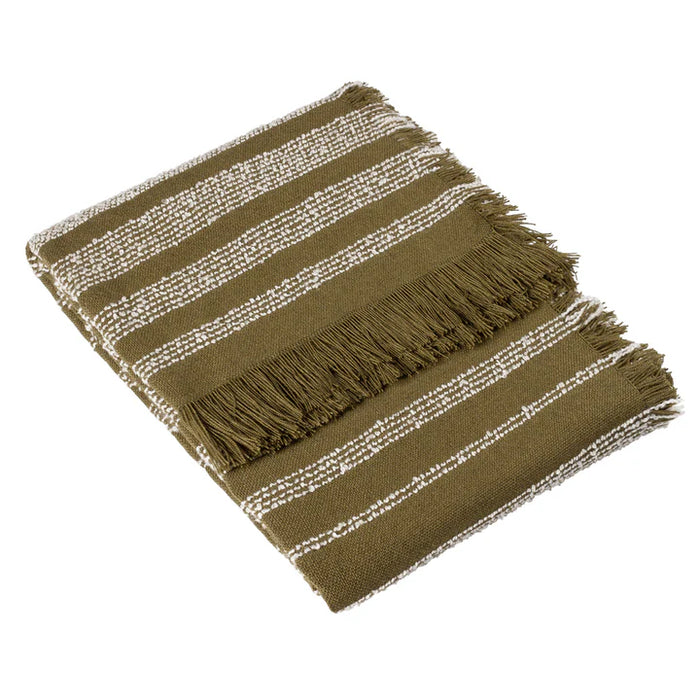 Jour Woven Fringed Throw, Stripe, Green, Olive