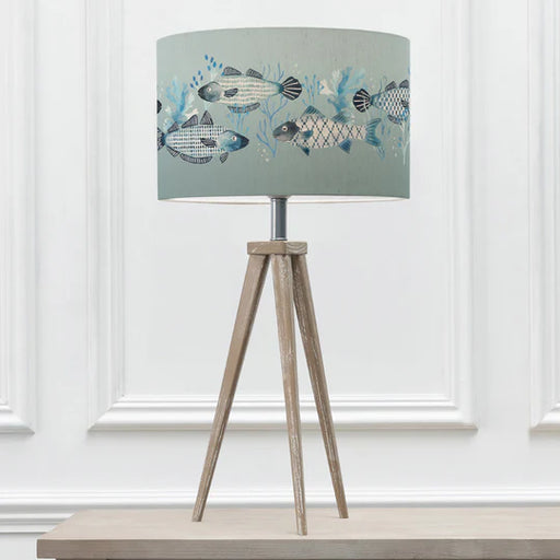 Modern Barbeau Eva & Aratus Complete Table Lamp - Grey Wooden Base with Fish Printed Seafoam Shade - 75cm