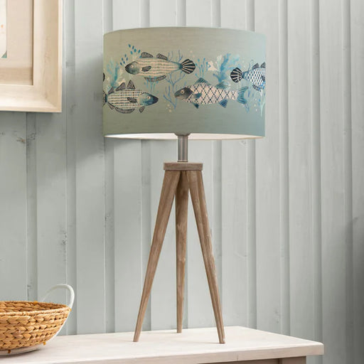 Modern Barbeau Eva & Aratus Complete Table Lamp - Grey Wooden Base with Fish Printed Seafoam Shade - 75cm