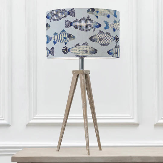 Rustic Cove Eva & Aratus Complete Table Lamp - Grey Wooden Base with Fish Printed Cobalt Shade - 75cm