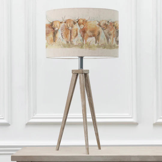 Rustic Highland Cattle Eva & Aratus Table Lamp - Grey Wooden Base with Animal Printed Linen Shade - 75cm