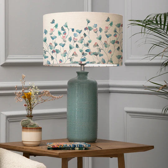 Modern Cala Eva & Inopia Complete Table Lamp - Marine Ceramic Base with Floral Design Linen Shade - 63cm