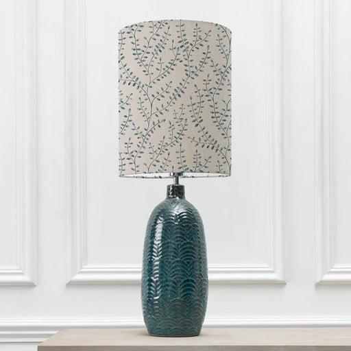 Chic Eden Anna & Jadis Table Lamp - Aqua Ceramic Base with Leaf Pattern Ocean Linen Shade - 85cm