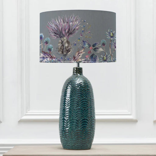 Chic Elysium Eva & Jadis Table Lamp - Aqua Ceramic Base With Botanical Design Sapphire Linen Shade - 68cm