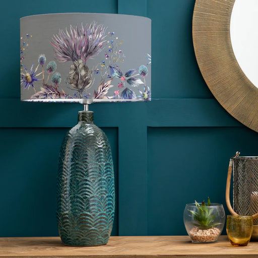 Chic Elysium Eva & Jadis Table Lamp - Aqua Ceramic Base With Botanical Design Sapphire Linen Shade - 68cm