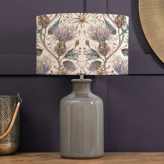 Varys Eva & Elspeth Table Lamp - Grey Ceramic Base with Floral Design Pastel Linen Shade - 61cm