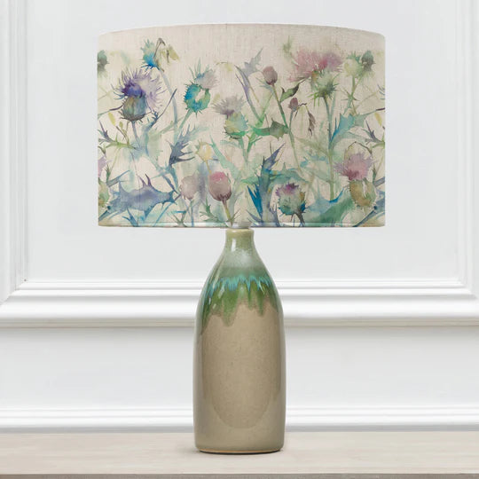 Modern Cirsium Eva & Narvi Table Lamp - Jade Ceramic Base with Floral Pattern Damson Linen Shade - 45cm