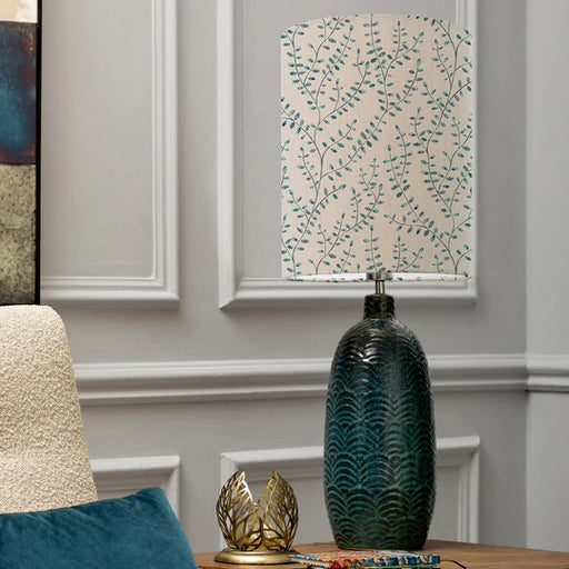 Chic Eden Anna & Jadis Table Lamp - Aqua Ceramic Base with Leaf Pattern Ocean Linen Shade - 85cm