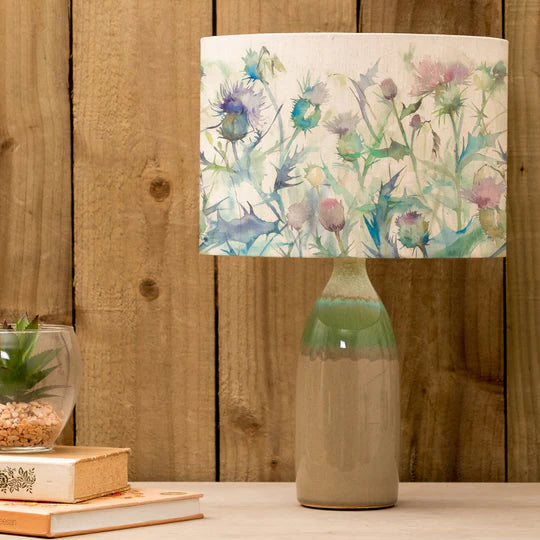 Modern Cirsium Eva & Narvi Table Lamp - Jade Ceramic Base with Floral Pattern Damson Linen Shade - 45cm