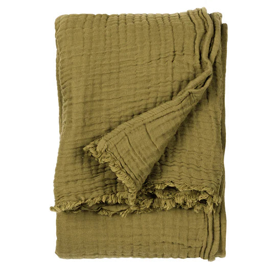 Lark Muslin Cotton Throw, Plain, Green, Khaki