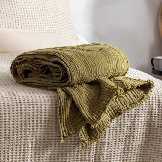 Lark Muslin Cotton Throw, Plain, Green, Khaki