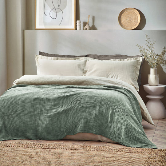 Lark Oversized Throw, Plain, Green, Eucalyptus, Muslin Cotton