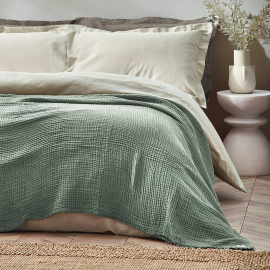 Lark Oversized Throw, Plain, Green, Eucalyptus, Muslin Cotton