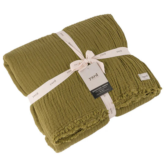 Lark Muslin Cotton Oversized Throw, Stripe, Green, Khaki