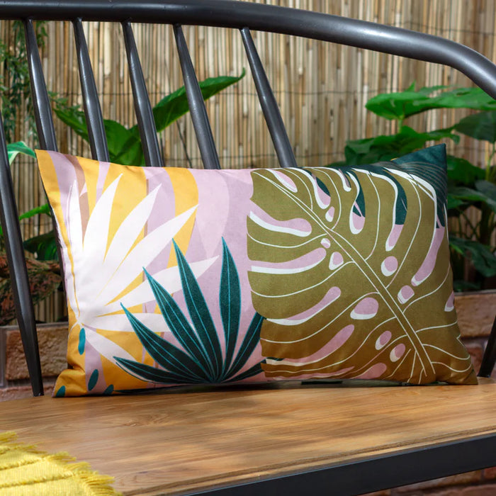 Waterproof Outdoor Cushion, Leafy Rectangular Design, Blush