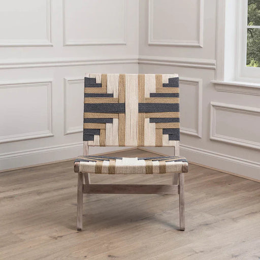 Stylish Greywash Mango Wood Chair – Geometric Polyester Seat  