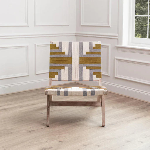 Modern Natural Mango Wood Chair – Mustard Geometric Polyester Seat  