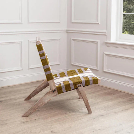 Modern Natural Mango Wood Chair – Mustard Geometric Polyester Seat  