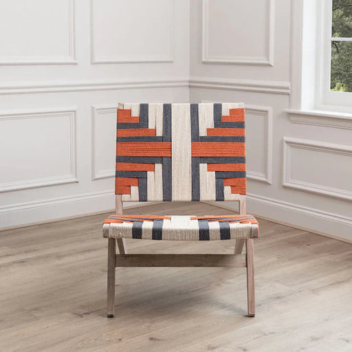 Vibrant Natural Mango Wood Chair – Orange Geometric Polyester Seat  