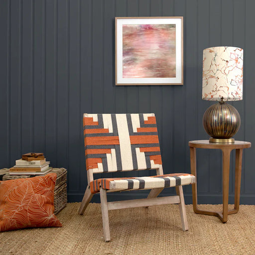 Vibrant Natural Mango Wood Chair – Orange Geometric Polyester Seat  