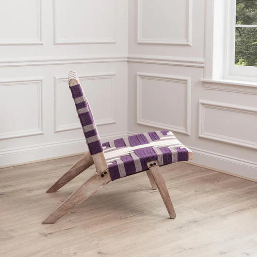 Elegant Natural Mango Wood Chair – Plum Geometric Polyester Seat  