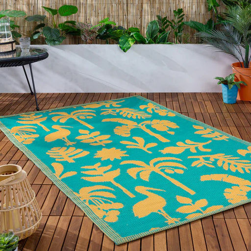 Marula Indoor/Outdoor Rug , Botanical Design, Yellow, Teal, Recycled 