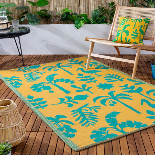 Marula Indoor/Outdoor Rug , Botanical Design, Yellow, Teal, Recycled 