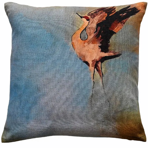 Malini Mari Blue Faux Linen Cushion with Flying Crane Print – 45x45cm