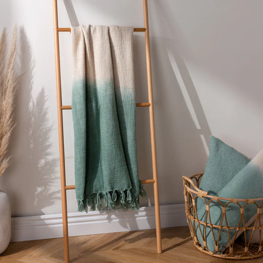 Mizu Dip Dye Fringed Throw, Plain, Green, Eucalyptus