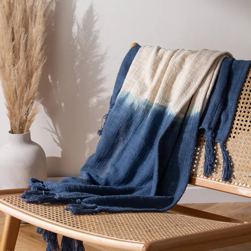 Mizu Dip Dye Fringed Throw, Plain, Blue, Ink