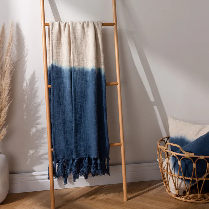 Mizu Dip Dye Fringed Throw, Plain, Blue, Ink